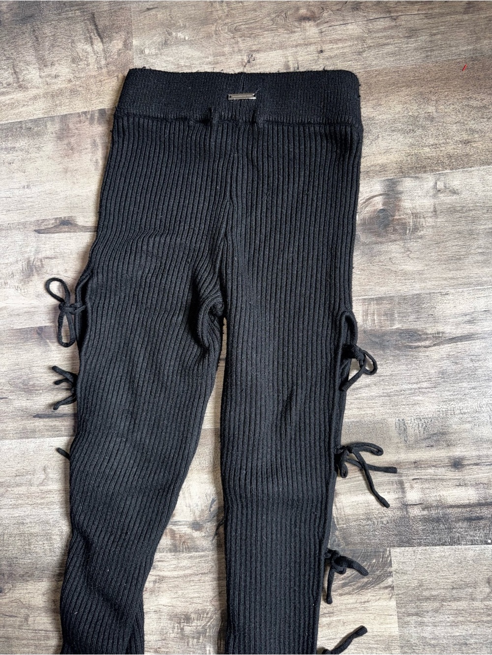 Maniere De Voir Ribbed Knit Lace-Up Side-Tie Flare Pants Black Sz S Coquette - Picture 10 of 13